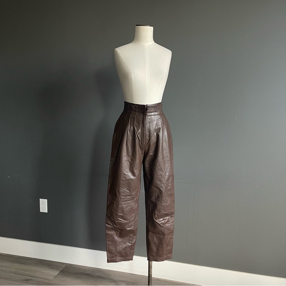 Vintage Brown Genuine Leather High Waist Pleated Pant Straight Leg French Scandi